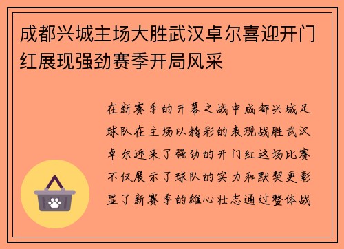 成都兴城主场大胜武汉卓尔喜迎开门红展现强劲赛季开局风采