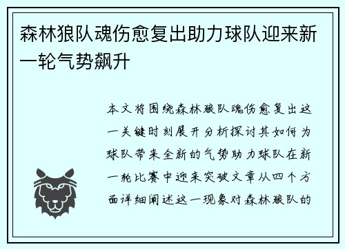 森林狼队魂伤愈复出助力球队迎来新一轮气势飙升
