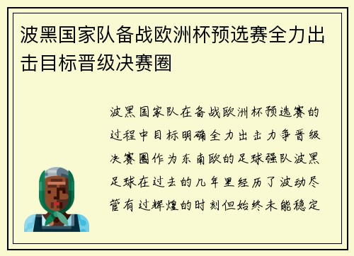 波黑国家队备战欧洲杯预选赛全力出击目标晋级决赛圈
