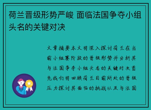 荷兰晋级形势严峻 面临法国争夺小组头名的关键对决