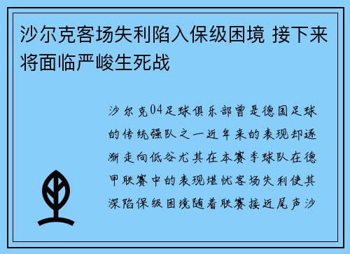 沙尔克客场失利陷入保级困境 接下来将面临严峻生死战