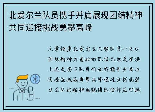 北爱尔兰队员携手并肩展现团结精神共同迎接挑战勇攀高峰
