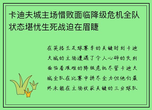 卡迪夫城主场惜败面临降级危机全队状态堪忧生死战迫在眉睫