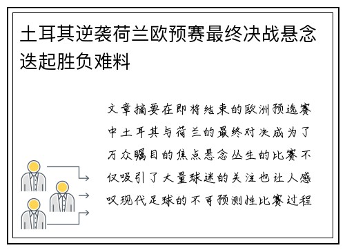 土耳其逆袭荷兰欧预赛最终决战悬念迭起胜负难料