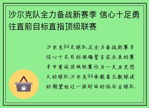 沙尔克队全力备战新赛季 信心十足勇往直前目标直指顶级联赛