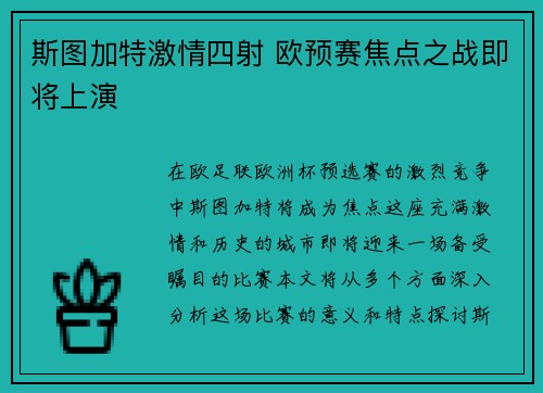 斯图加特激情四射 欧预赛焦点之战即将上演