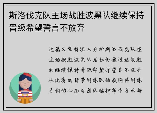 斯洛伐克队主场战胜波黑队继续保持晋级希望誓言不放弃