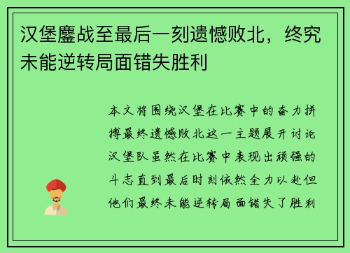 汉堡鏖战至最后一刻遗憾败北，终究未能逆转局面错失胜利