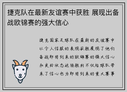 捷克队在最新友谊赛中获胜 展现出备战欧锦赛的强大信心